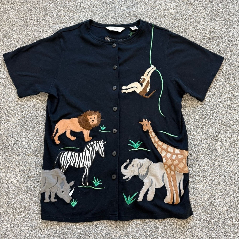Vtg Bechamel Black Cotton Jersey Cardigan Button Top Safari Animals Zoo Women L